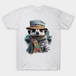 Meerkat wearing a jacket cap and a scarf T-Shirt